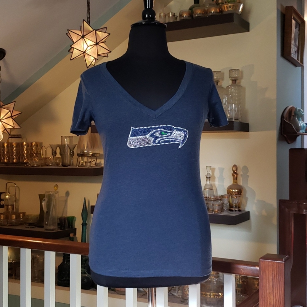 Majestic NFL Womens Cut Seahawks Blue V Neck Beaded Tee